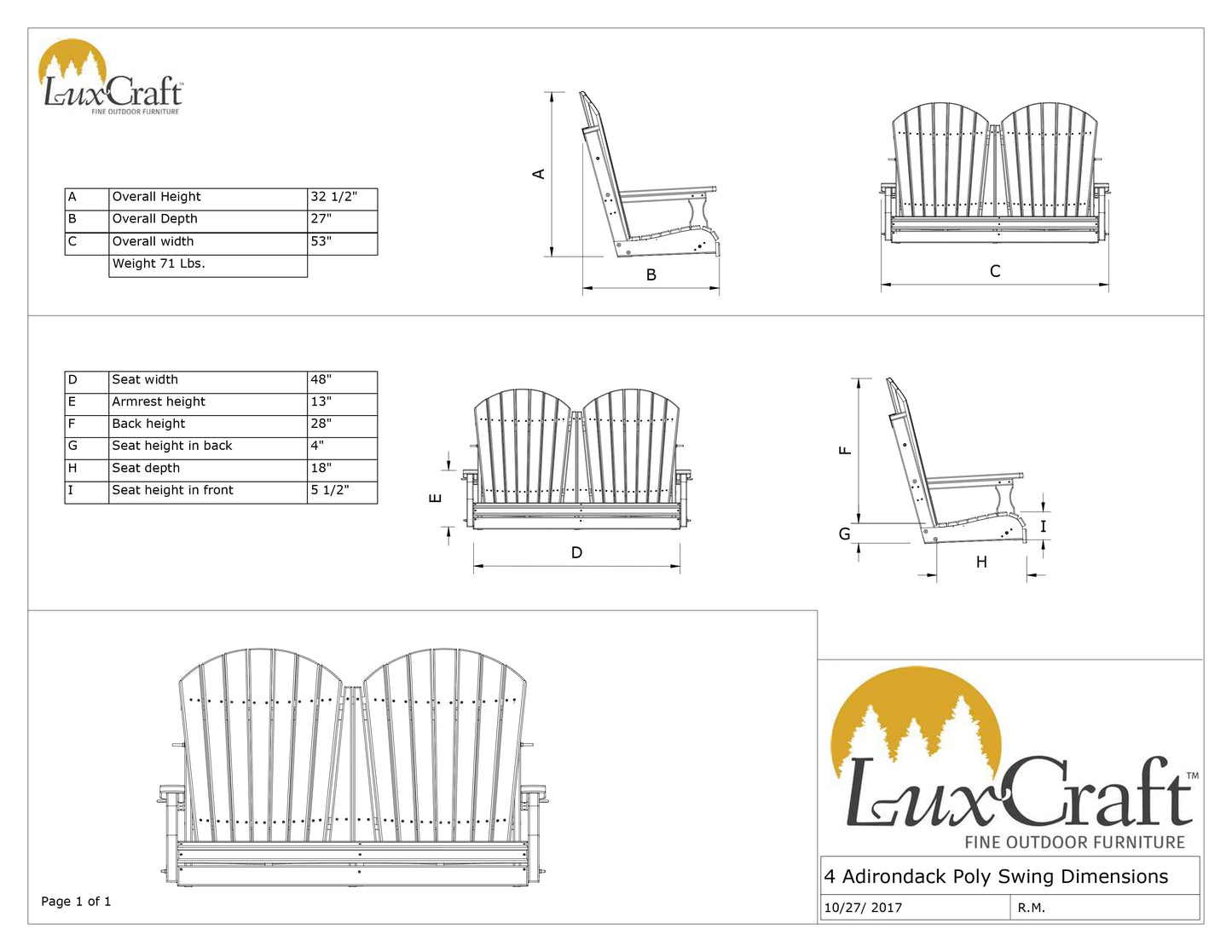 4ft Luxcraft Amish Adirondack Poly Porch Swing (Recycled Plastic)