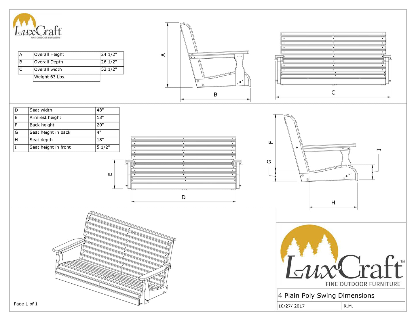Luxcraft 4ft Recycled Plastic Rollback Poly Porch Swing - Amish made