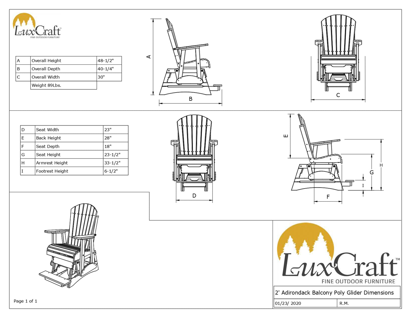 Luxcraft Poly Adirondack Balcony Glider Chair (Raised Chair - Counter Height with Built-in Footrest)