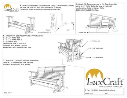 Amish Luxcraft 5ft Rollback Poly Outdoor Glider Bench (with Flipdown Table & Cup Holders)