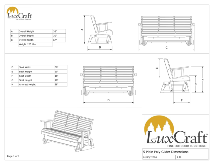 Amish Luxcraft 5ft Poly Rollback Glider Dimensions