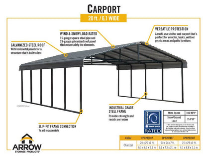 ARROW Steel Carport 20x20 Kit - Charcoal - CPHC202007