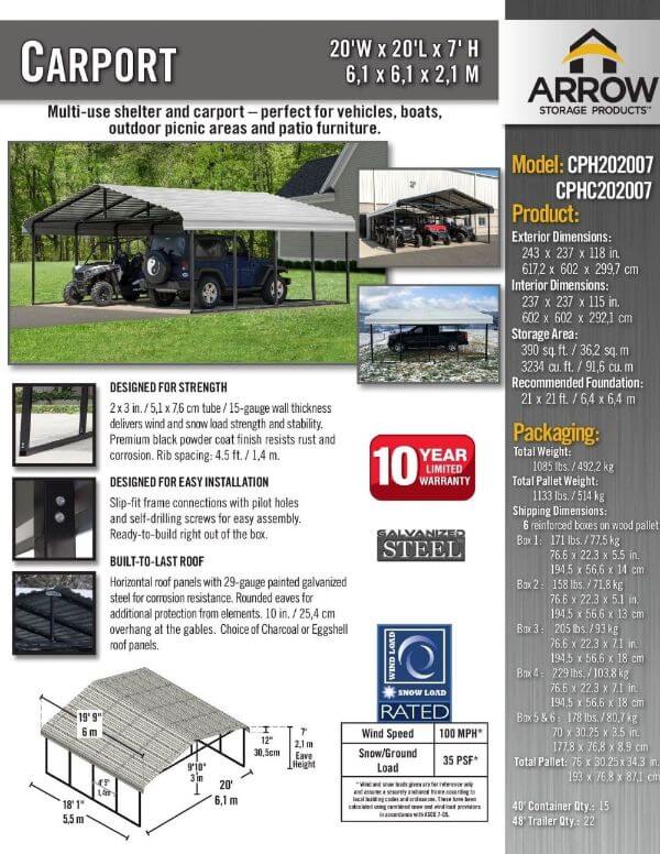 ARROW Steel Carport 20x20 Kit - Charcoal - CPHC202007