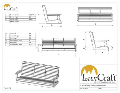 Amish Luxcraft 5ft Rollback Poly Porch Swing with cup holders